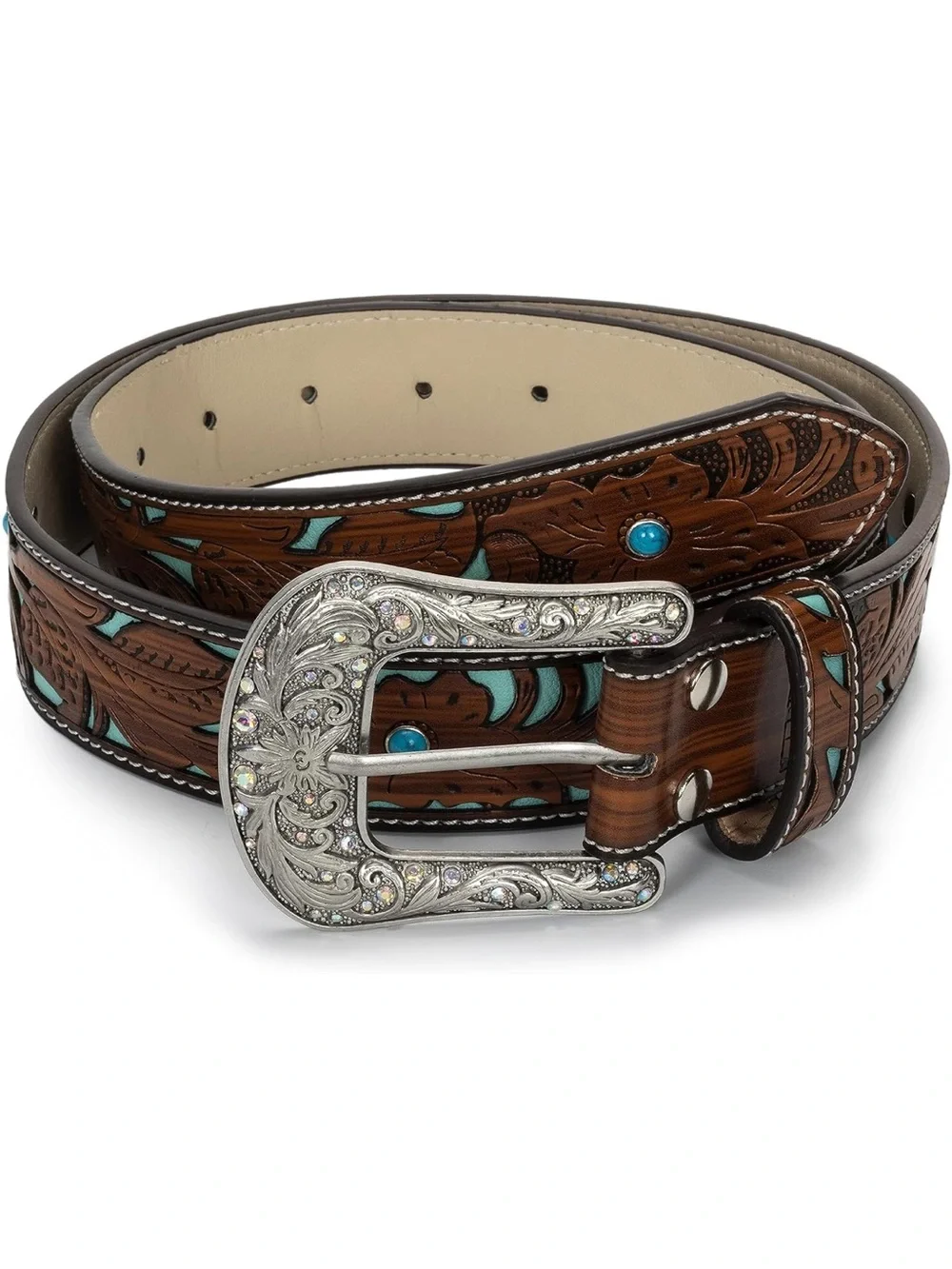 Tooled Brown Leather Belt with Turquoise Inlay